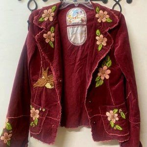 Johnny Was Corduroy Vintage Raw Edge Bird Floral Boho Blazer Jacket by Joystick
